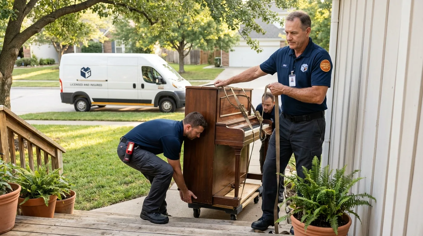 Licensed piano movers securing grand piano in Edmonds, WA