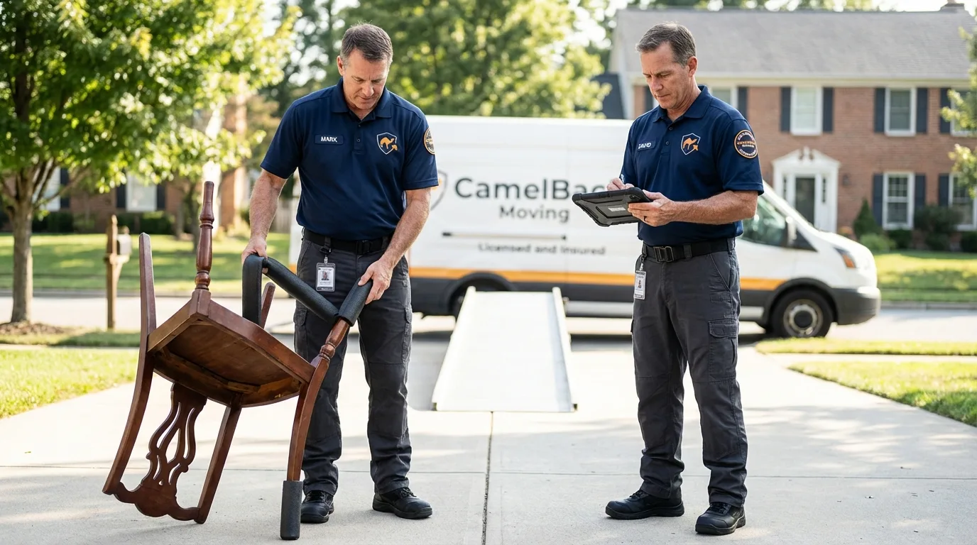 Movers inspecting furniture for damage prevention before loading in Edmonds, WA